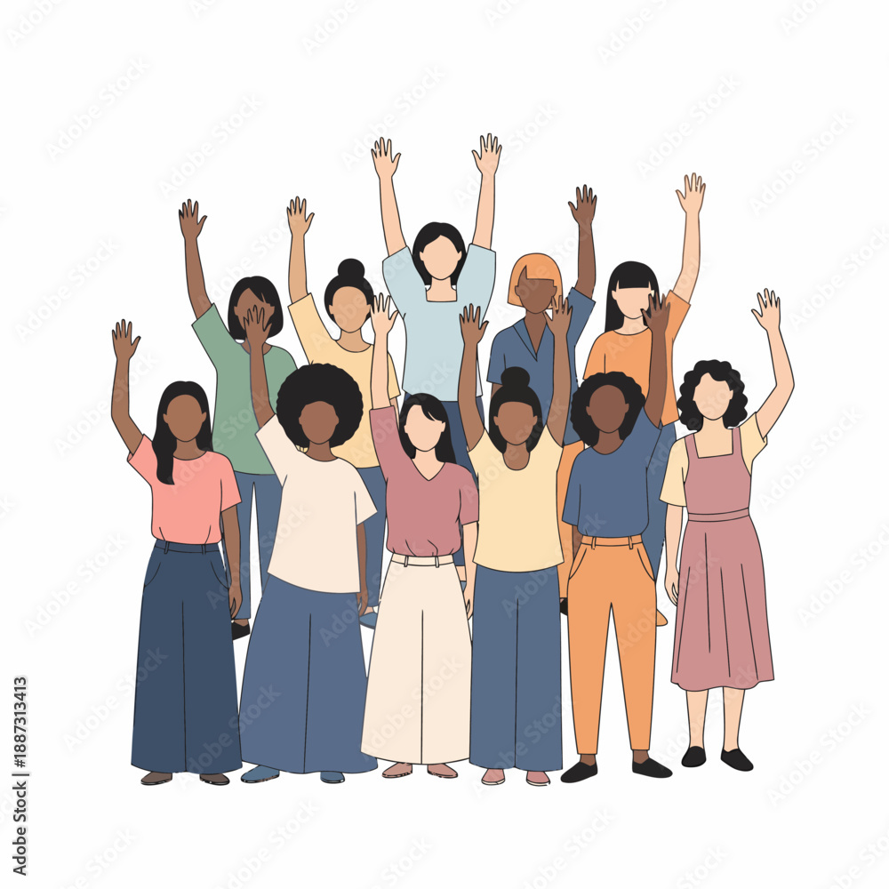 Fototapeta premium Diverse group of women with raised hands, symbolizing unity, empowerment, and collective action.