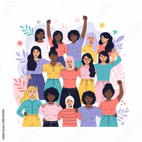 Diverse group of women standing together in solidarity and empowerment, celebrating unity and strength with floral background.