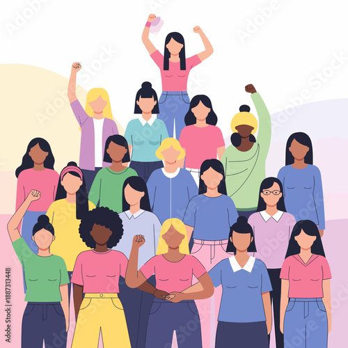 A large group of diverse women standing together in a pyramid formation, many with raised fists, symbolizing unity, empowerment, and solidarity.