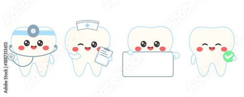 Cute tooth character illustration set. Dental care and oral health mascot with dentist, nurse, information board and approval checkmark. Kawaii medical concept. Flat vector illustration