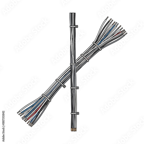 Organized electrical wires, cables, and connectors on white background