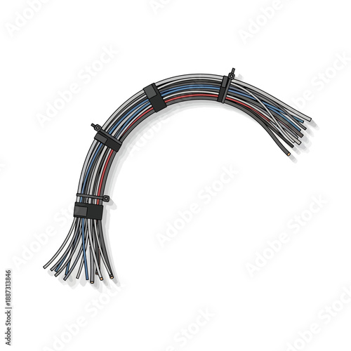 Organized electrical wires tied with zip ties, isolated on white background