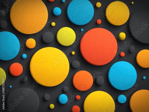 Colorful, textured circles of various sizes pop against a dark gray background