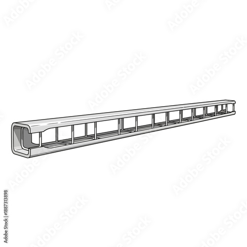Abstract 3D model of a long, hollow, white rectangular beam with internal supports