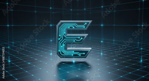 E Alphabet Monogram with Glowing Cyan Circuit Lines and 3D Digital Grid