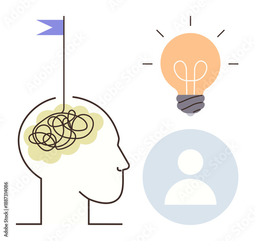 Problem solving, creative thinking, mental clarity, cognitive processes, innovation, brainstorming. Simplistic ion of a tangled brain, a light bulb and a human icon. Problem solving and creative