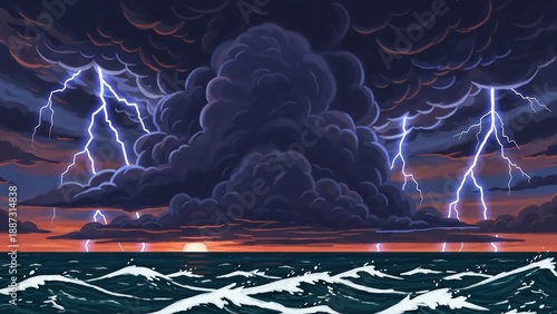 Dramatic storm clouds with lightning over ocean sunset illustration