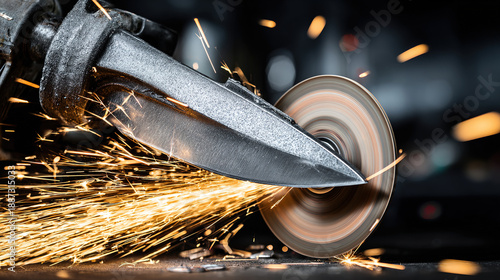 abrasive. Close-up of a grinding wheel sharpening an old knife with flying sparks in an industrial workshop. safety posters.
