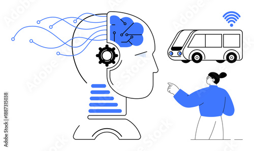 Artificial intelligence, smart cities, autonomous vehicles, neural networks, IoT connectivity, technology innovation. Human head with gears and brain, connected bus and woman pointing. Artificial