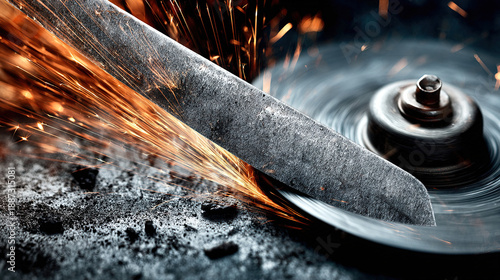 abrasive. Close-up of a grinding wheel sharpening an old knife with flying sparks in an industrial workshop. safety posters.
