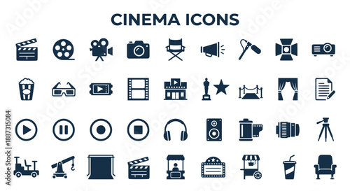 Cinema and Movie Production Flat Vector Icons Set - Film Industry Symbols
