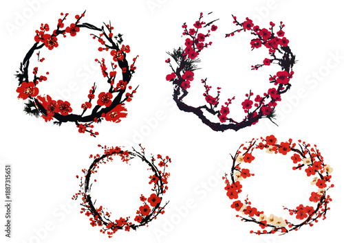 Set of moody vintage style dark floral round bouquets with colorful flowers (Oil painting art concept) (화려한 꽃이 있는 감성적인 빈티지 스타일 다크 플로럴 원형 꽃다발 세트 - 유화 예술 컨셉)