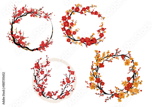 Set of moody vintage style dark floral round bouquets with colorful flowers (Oil painting art concept) (화려한 꽃이 있는 감성적인 빈티지 스타일 다크 플로럴 원형 꽃다발 세트 - 유화 예술 컨셉)