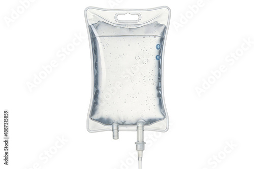 Clear plastic IV infusion bag filled with liquid, featuring a tube and ports for medical administration. Used in healthcare for fluid therapy and rehydration.