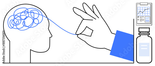 Mental health, therapy, diagnosis, medication management, neuroscience, cognitive treatment. A hand untangling a brain with medical icons. Mental health and therapy concept