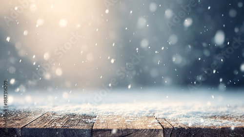 unanimity. Winter wooden surface with gentle snowfall, cold seasonal atmosphere. travel magazines, destination branding, designed for outdoor magazines and nature guides, inspires travel planning.
