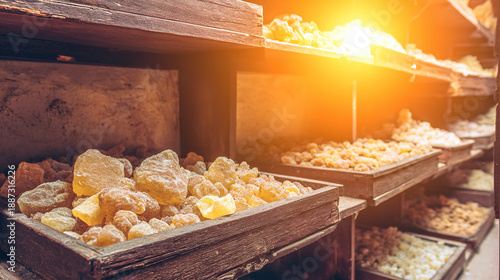 frankincense. Frankincense resin pieces arranged on wooden shelves in spice shop. menu design, packaging mockups, designed for culinary blogs and recipe cards for restaurants.
