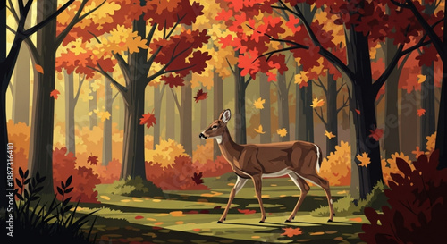Deer walks through vibrant forest with colorful autumn leaves and trees in natural scenic environment