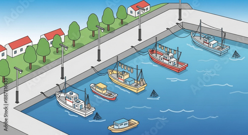 Fishing boats docked at a harbor with houses and trees along the waterfront on a sunny day with clear blue water