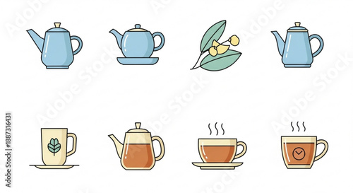 Tea time essentials various teapots and tea cups with leaves and herbs on white background