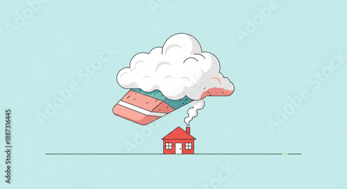 A whimsical illustration of a stack of books floats on a cloud above a small red house with smoke rising from chimney on light blue