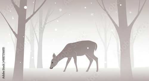 Deer grazing in snowy forest with bare trees serene winter landscape with falling snowflakes and misty atmosphere peaceful animal scene