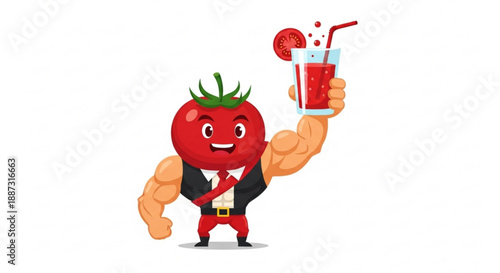 Muscular tomato cartoon character holding a refreshing red drink with ice and straw