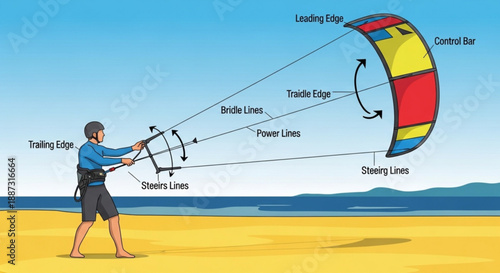Kite surfer on beach with labeled kite parts demonstrating equipment and technique for water sports enthusiasts