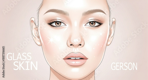 Woman with perfect glass skin facial complexion smooth makeup look and glowing skin tone on light background