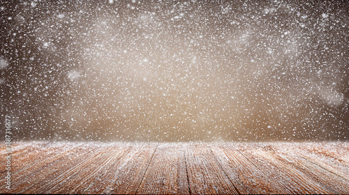 unanimity. Winter wooden surface with gentle snowfall, cold seasonal atmosphere. travel magazines, destination branding, designed for outdoor magazines and nature guides, inspires travel planning.
