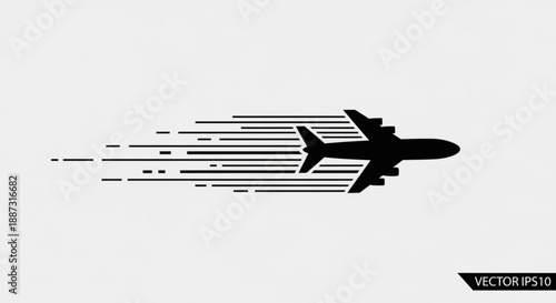 Airplane silhouette flying fast with motion lines speed and travel concept vector graphic
