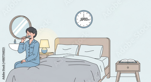Man in blue pajamas brushing teeth in bedroom at night before sleep with clock on wall