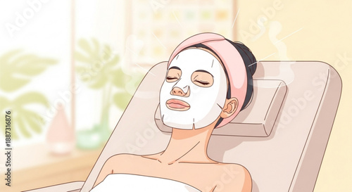 Woman relaxing with facial mask in spa chair calm and serene atmosphere skincare treatment