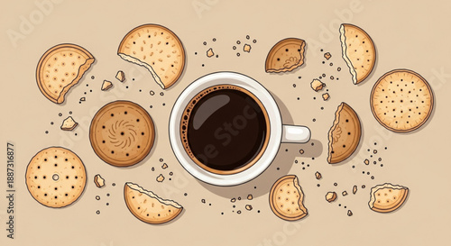 Coffee cup surrounded by broken cookies on beige background sweet treat concept