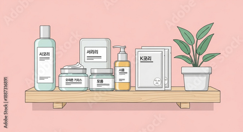 Skincare products on a wooden shelf with a potted plant on a pink background for beauty and wellness