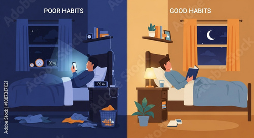 Illustration contrasting good and bad sleeping habits with person using phone versus reading before bed in cozy bedroom environments at night