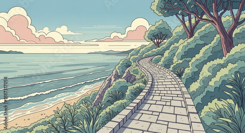 Serene oceanfront pathway with lush greenery and trees leading to sandy beach at sunset