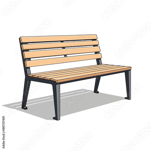Modern park bench illustration with wooden slats and metal frame