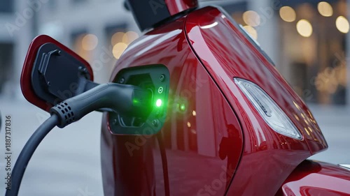 Shiny Red Electric Scooter Charging Outdoors With Green Indicator Lights Illuminated On A City Street At Dusk With Bokeh Background Lights