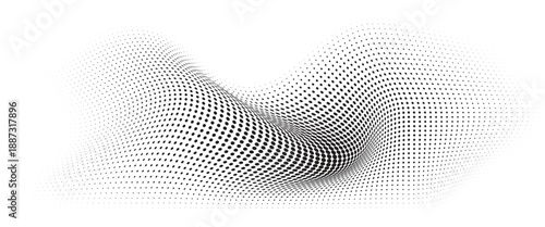 Flowing Wave Dot Halftone Pattern: Curve Gradient Shape on Transparent Background. Suitable for AI, Tech, Network, Digital, Science, and Technology Themes.