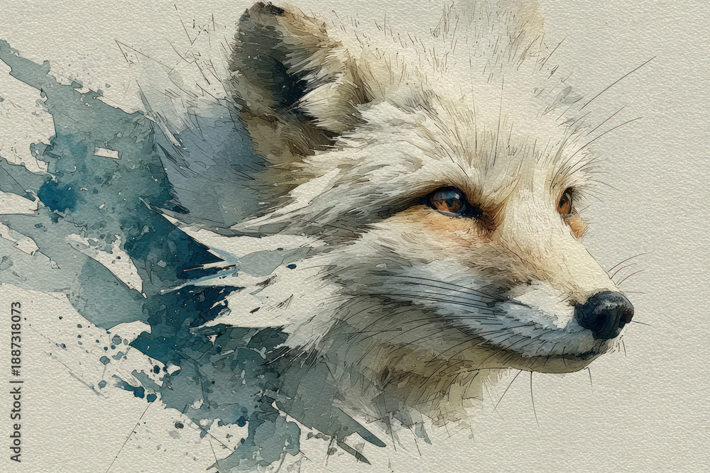 Fototapeta premium An artistic illustration of a fox, executed in a watercolor-graphic style with dynamic brushstrokes and a paint splatter effect. 