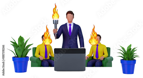 Man with Torch Addresses Two Men with Flaming Heads