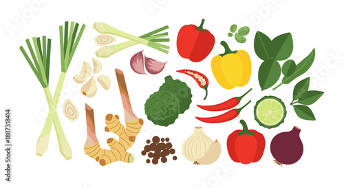 A vibrant illustration of lemongrass, ginger, garlic, and shallots. Ideal for recipes, cooking blogs, or food-related marketing materials.