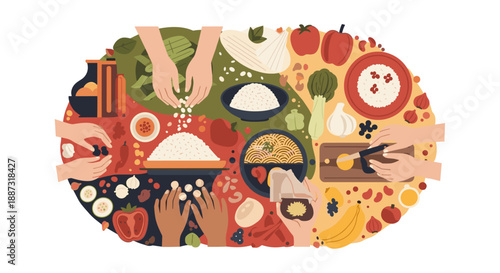 This vibrant illustration depicts a harvest of fresh ingredients, symbolizing bounty, health, and the joy of cooking. Perfect for conveying natural, w