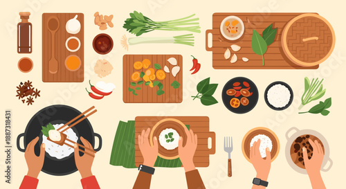 A vibrant flat lay showcasing ingredients for Asian cooking and someone preparing a meal. Ideal for food blogs, recipe websites, and culinary marketin