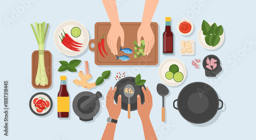 A vibrant flat lay arrangement of fresh Asian cooking ingredients, creating a visually appealing image ideal for food blogs, recipes, or restaurant ma