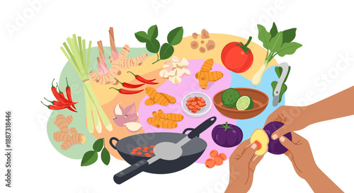 A vibrant, colorful overhead shot of fresh Asian cooking ingredients. Ideal for food blogs, recipe websites, and culinary marketing materials evoking 