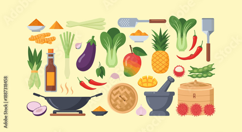 A vibrant flat lay of traditional Asian cooking ingredients, perfect for food blogs or illustrating recipes. Evokes freshness and culinary inspiration