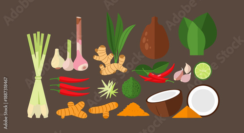 A vibrant, flat-lay illustration of common Asian cooking ingredients. Ideal for food blogs, recipe websites, or articles about Asian cuisine and healt