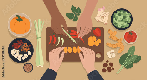 A flat lay composition showcasing seasonal fall ingredients. Perfect for food blogs, recipe websites, or autumn-themed marketing materials, evoking fe